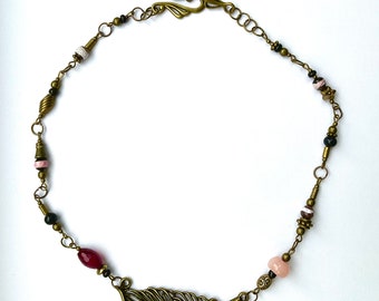 Handmade Bronze Leaf Necklace: Pink & Purple Gemstone Roman Style