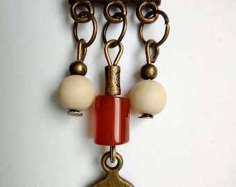 Agate Carnelian Pendant Necklace: Bronze Pomegranate Charm, Leather Cord