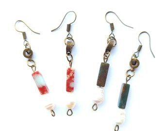 Handmade Pearl Dangle Earrings: Bronze Gemstone, Roman Style