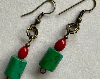 Coral & Turquoise Dangle Earrings: Geometric Bronze Earlobe Jewelry