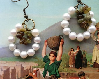 Handmade Pearl Hoop Earrings: Garnet Chips, Bronze Elements