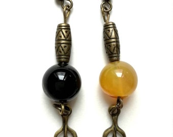 Mismatched Agate Dangle Earrings: Black & Yellow Gemstone Leaf Charms