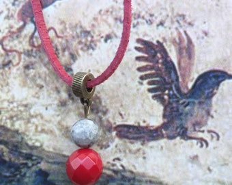 Coral & Marble Pendant Necklace: Red Leather Cord, Geometric Stone
