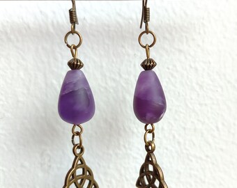Amethyst Teardrop Earrings: Bronze Celtic Triquetra Dangle