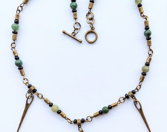 Handmade Bronze Needle Charm Necklace: Green Gem Roman Jewelry