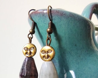 Handmade Asymmetrical Agate Earrings: Roman Style Moon Face Jewelry