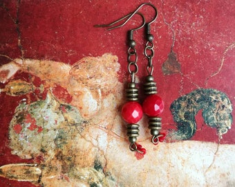 Red Coral Dangle Earrings: Bronze & Glass Bead, Handmade Jewelry