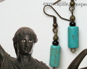 Handmade Turquoise Howlite Dangle Earrings: Bronze Roman Style Replica