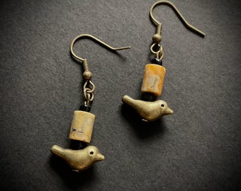 Bird Charm Agate Dangle Earrings, Bronze, Handmade Jewelry