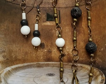 Black and white gemstone jewelry set, necklace earrings, agate lava stone, bronze handmade gems, antiquity style, unique