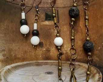 Agate Lava Stone Jewelry Set: Bronze Necklace and Earrings