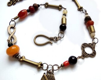 Handmade Gemstone Bead Necklace: Bronze House Charm, Historical Replica