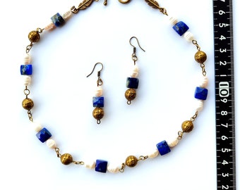 Pearls and lapis gemstone jewelry set, unique necklace and earrings, faceted lapis lazuli stones, elegant domina, festive bronze handmade
