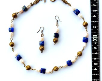 Pearl & Lapis Lazuli Jewelry Set: Bronze Necklace and Earrings