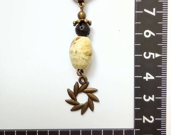 Handmade Agate & Lava Stone Pendant Necklace: Wreath Charm, Leather Cord