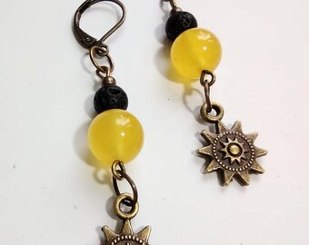 Citrine & Lava Stone Sun Charm Earrings: Bronze Dangle Leverbacks