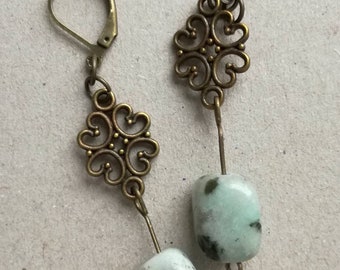 Sesame Jasper Dangle Earrings: Bronze Openwork, Blue Stone Jewelry