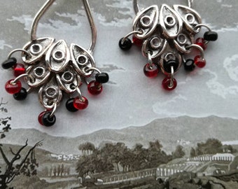 Red & Black Glass Chandelier Earrings: Silver Plated Peacock Design