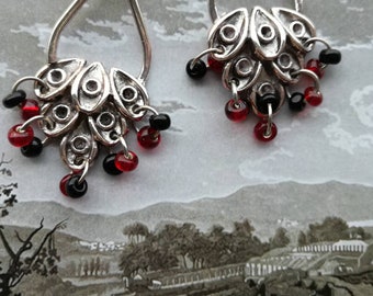 Red and black glass earrings, long chandelier earrings, special design, jewelry style, large earrings, common metal, silver plated war wires