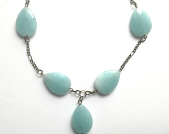 Blue Quartz Teardrop Necklace: Bronze Chain, Elegant Gemstone Jewelry
