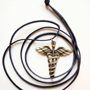 Caduceus large pendant, staff of Hermes / Mercury, bronze coiled snakes, unisex jewelry, long natural leather cord, messenger alchemy