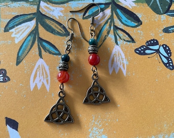 Handmade Bronze Celtic Knot Dangle Earrings with Orange & Green Gems
