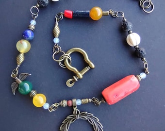 Gemstone Laurel Wreath Necklace: Coral, Lapis, Agate, Lava Stone