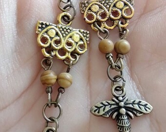 Bee Charm Dangle Earrings: Woodlace Gemstone Beads, Bronze Tone