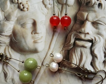 Gemstone Dangle Earrings, set of 3 pairs: Jade, Pearl, Carnelian, Roman Style