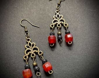 Carnelian & Lava Stone Chandelier Earrings: Handmade Roman Style Dangles