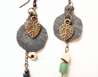 Asymmetrical Dangle Earrings: Leather, Gemstone, Bronze Leaf Charm