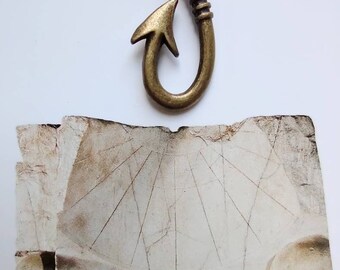 Bronze Fish Hook Pendant: Extra Long Black Leather Cord Necklace