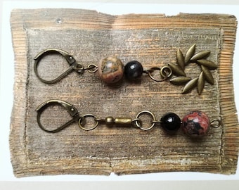 Asymmetrical Dangle Earrings: Rhodochrosite Gemstone & Bronze