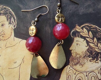 Agate Dangle Earrings: Golden Leaf Charm, Moon Face, Red Gemstone