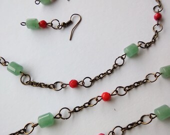 Agate Coral Jewelry Set: Bronze Necklace, Bracelets & Earrings