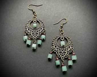 Chandelier earrings with gemstones (avrnturine and garnets), handmade jewelry, Roman style