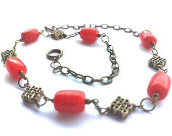 Red Jade Necklace: Bronze Celtic Knot, Roman Style Replica