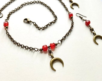 Carnelian Lunula Jewelry Set: Bronze Crescent Moon Necklace and Earrings