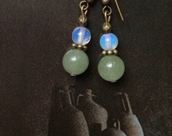 Handmade Jade & Moonstone Earrings: Bronze Antiquity Style