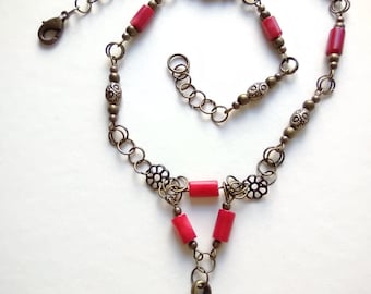 Red Coral Choker Necklace: Bronze Wing Pendant, Roman Style