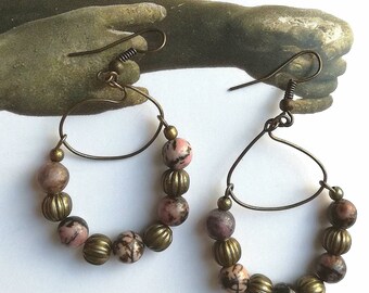 Handmade Rhodochrosite Beaded Hoop Earrings: Bronze Gemstone Cascade