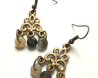 Green Agate Chandelier Earrings: bronze and gems, Antiquity style jewelry