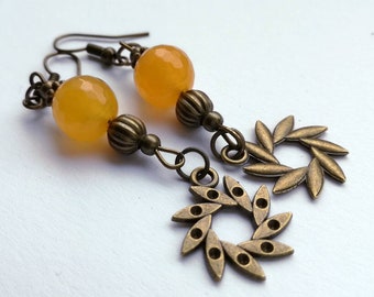 Yellow Jade Dangle Earrings: Bronze Laurel Wreath, Roman Style