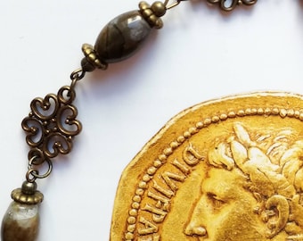 Agate Necklace: Bronze Pelta Flower, Roman Style Jewelry