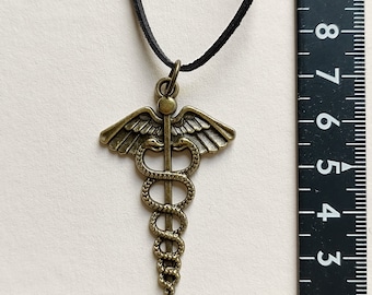 Bronze Caduceus Pendant: Hermes/Mercury Staff, Black Leather Cord