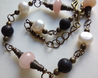 Pink Jade Pearl Necklace: Black Lava Stone Roman Style Choker