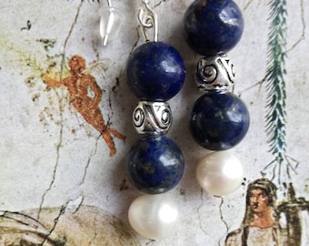 Lapis Lazuli, pearl and silver earrings. Sterling silver beads and gems dangle earrings, Handmade Jewelry