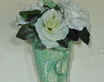 French Vintage Large Pottery Wall Hanging, Wall Pocket, Planter, Green,White Vintage, Mid Century, Home Decor