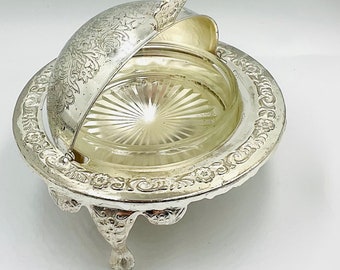 Roll-Top Butter Dish/Caviar ServerVintage Queen Anne Style Silver-Plated