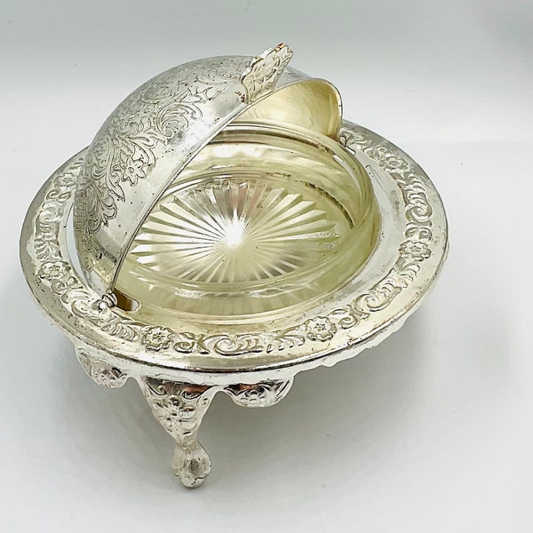 Roll-Top Butter Dish/Caviar ServerVintage Queen Anne Style Silver-Plated